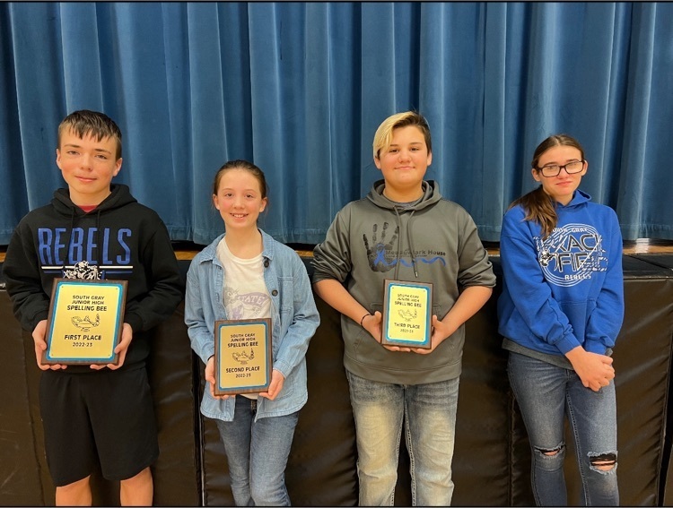 Congratulations to the South Gray Junior Spelling Bee winners. Champion-James Froese, Runner Up -Harper Bryant, 3rd Place- Carter Granados and Alternate Jena Simmons. 