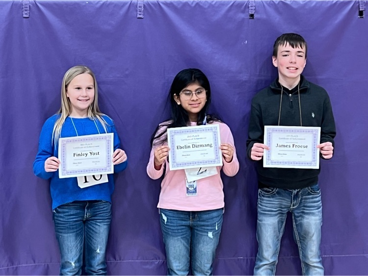 Gray County Spelling Bee Champion form South Gray JH James Froese!  3rd place from Copeland Elementary Finley Yost. Lawson Bryant from Copeland Elementary tied for 4th place. Great showing by all of our Copeland and Montezuma students! 